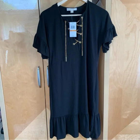 michael kors blue dress with gold chain MICHAEL KORS Green Chain Jersey Dress w/ Gold Logo Equestrian print - Size 8 M